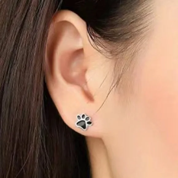 Silver Paw Print Stud Earrings - Picture 3 of 5
